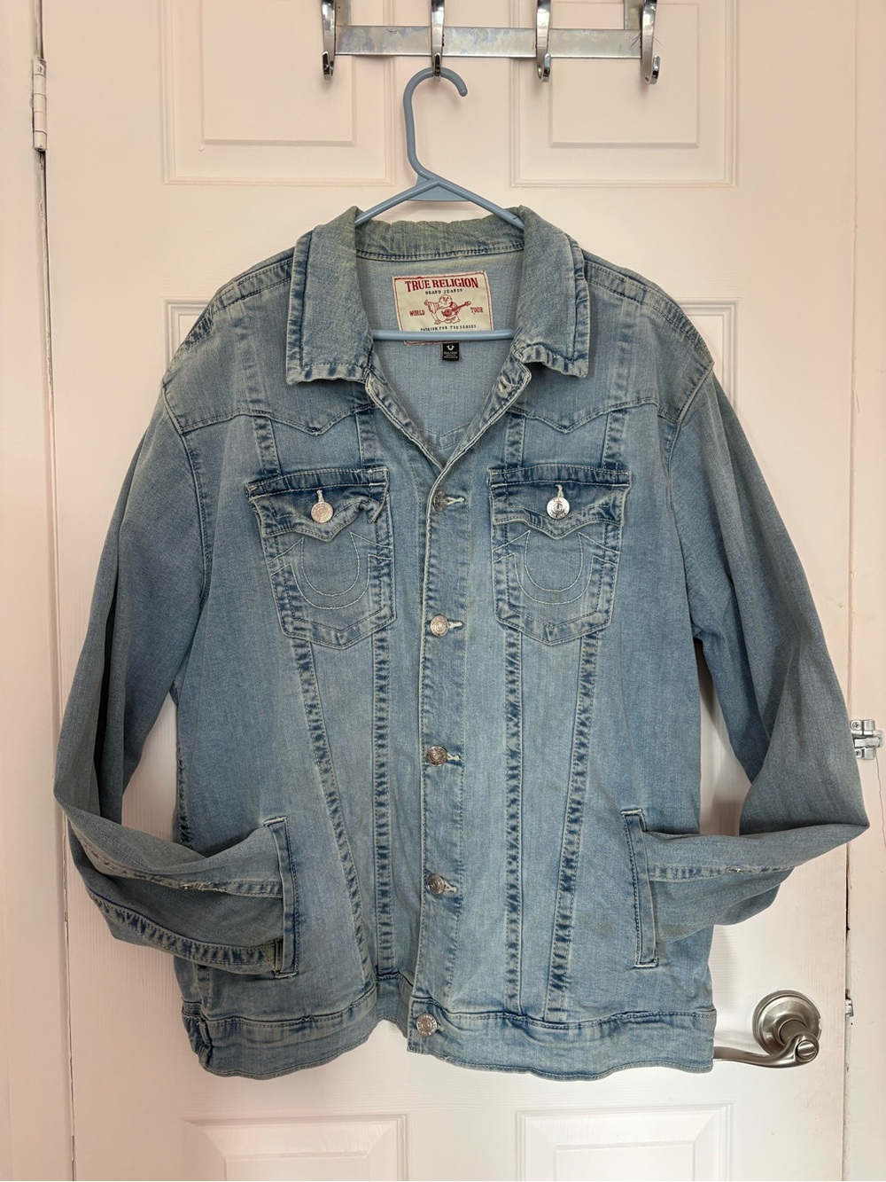 True Religion Washed Light Blue Denim Trucker Jacket - Picture 3 of 7